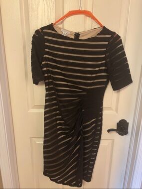London Times Black and Nude Striped Ruched Midi Dress